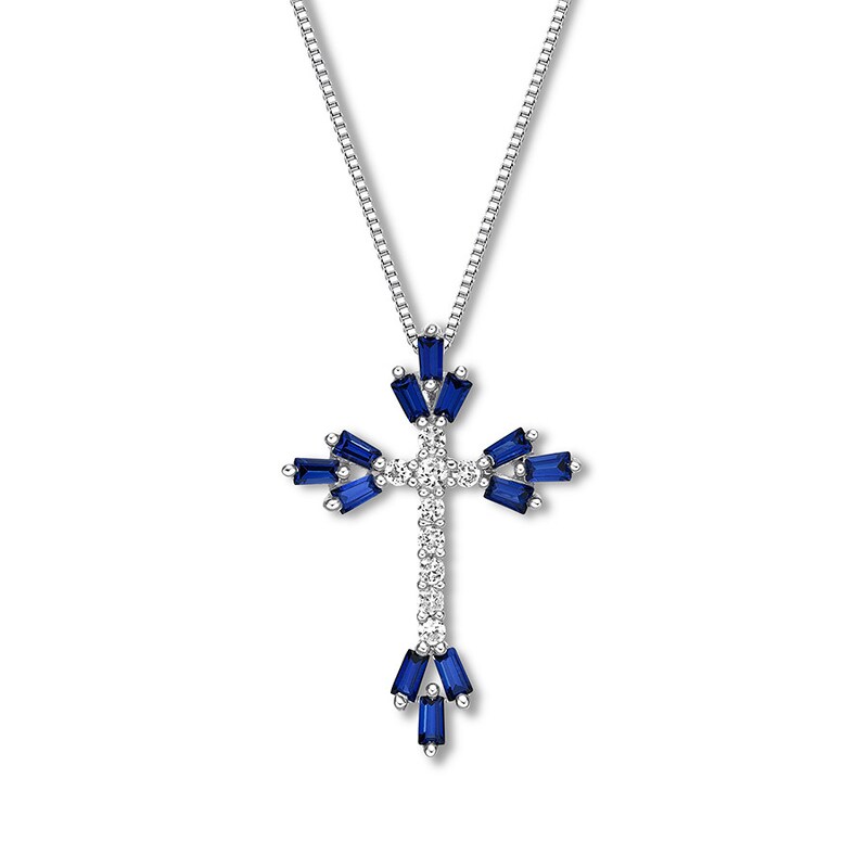 Main Image 1 of Cross Necklace Blue/White Lab-Created Sapphires Sterling Silver