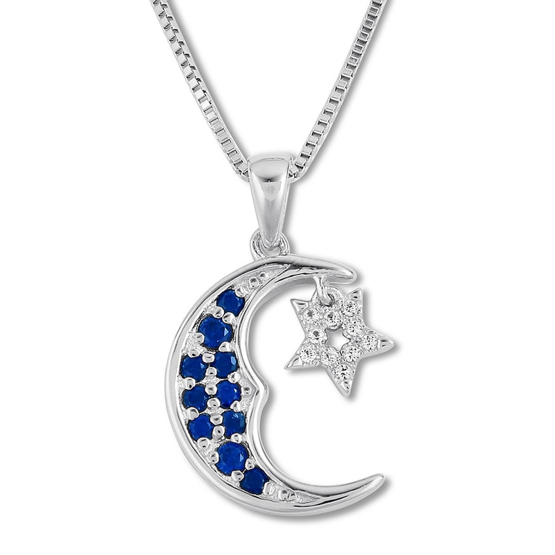Main Image 1 of Moon & Star Necklace Lab-Created Sapphires Sterling Silver