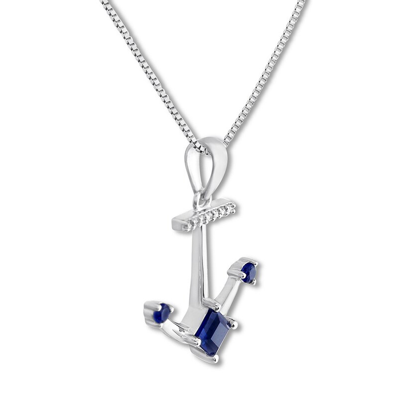 Main Image 2 of Diamond Anchor Necklace Lab-Created Sapphires Sterling Silver