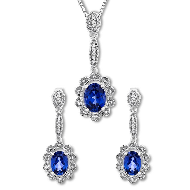 Main Image 1 of Lab-Created Sapphire Box Set 1/20 cttw Diamonds Sterling Silver