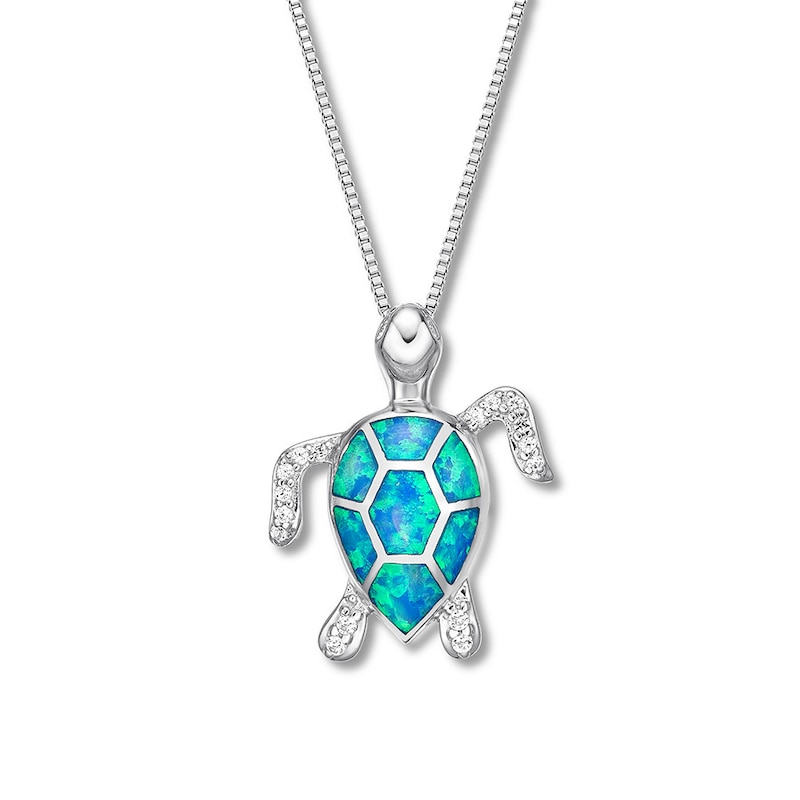 Main Image 1 of Blue Lab-Created Opal Sea Turtle Necklace Sterling Silver