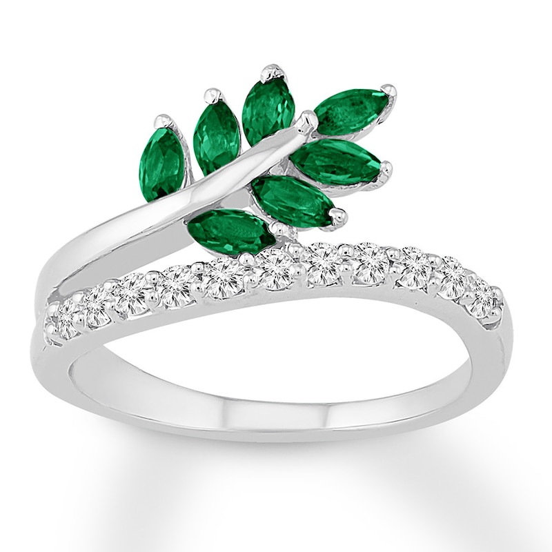 Main Image 1 of Leaf Ring Lab-Created Emeralds Sterling Silver