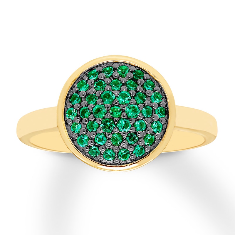 Lab-Created Emerald Disc Ring Pave-set 10K Yellow Gold