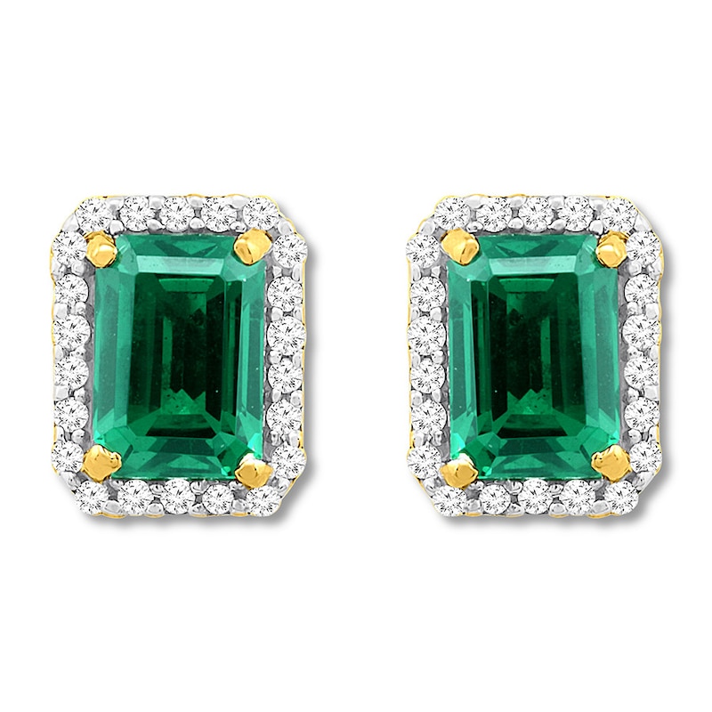 Main Image 1 of Lab-Created Emerald Earrings 1/4 ct tw Diamonds 10K Yellow Gold