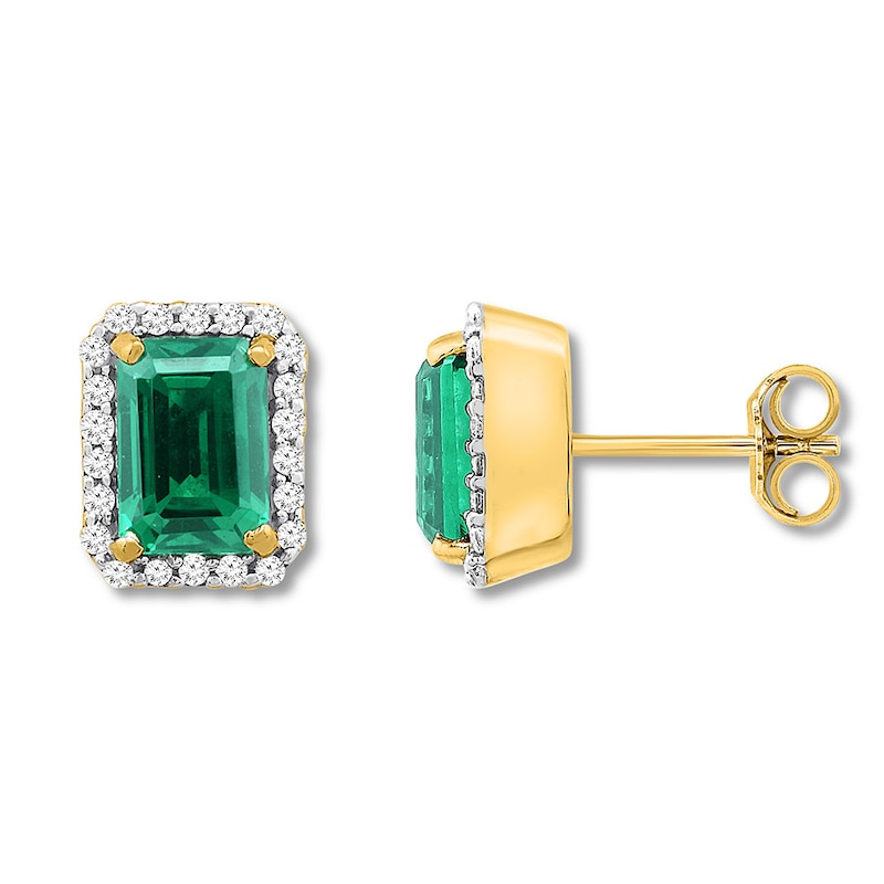 Main Image 2 of Lab-Created Emerald Earrings 1/4 ct tw Diamonds 10K Yellow Gold