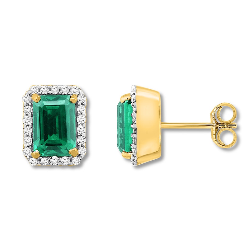 Lab-Created Emerald Earrings 1/4 ct tw Diamonds 10K Yellow Gold