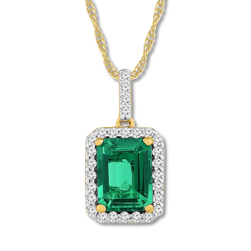 Lab-Created Emerald Necklace 1/6 ct tw Diamonds 10K Yellow Gold