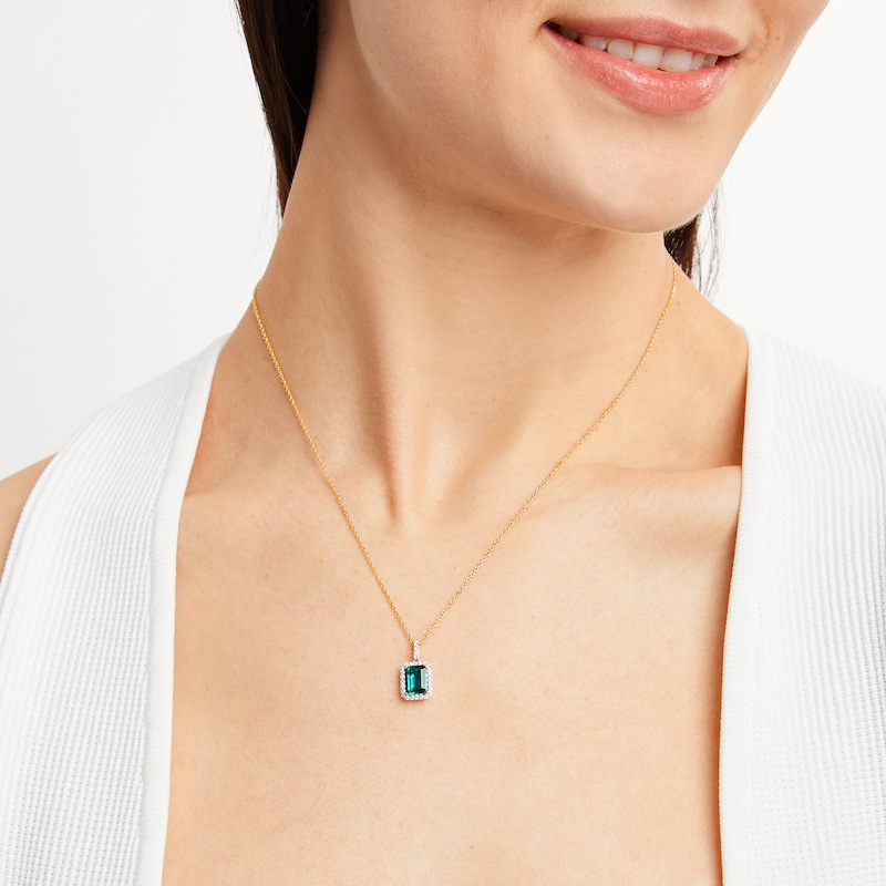 Main Image 2 of Lab-Created Emerald Necklace 1/6 ct tw Diamonds 10K Yellow Gold