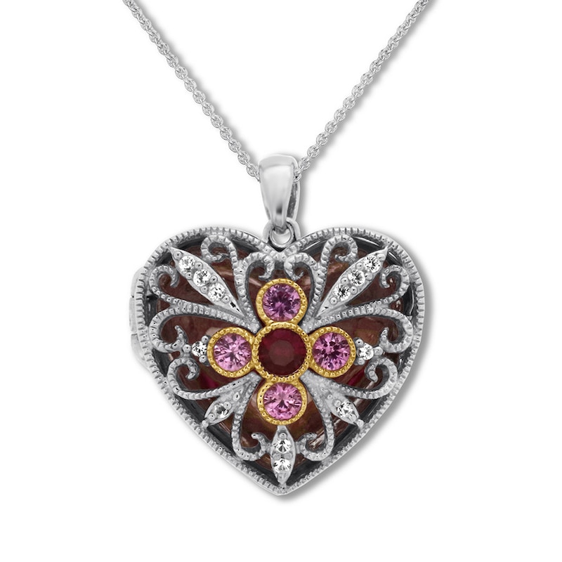 Main Image 1 of Lab-Created Gemstone Heart Locket Sterling Silver/10K Gold