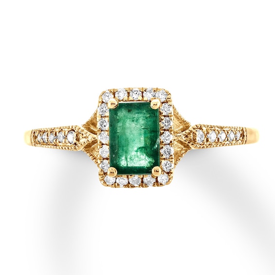 Natural Emerald Ring 1/8 ct tw Diamonds 10K Yellow Gold