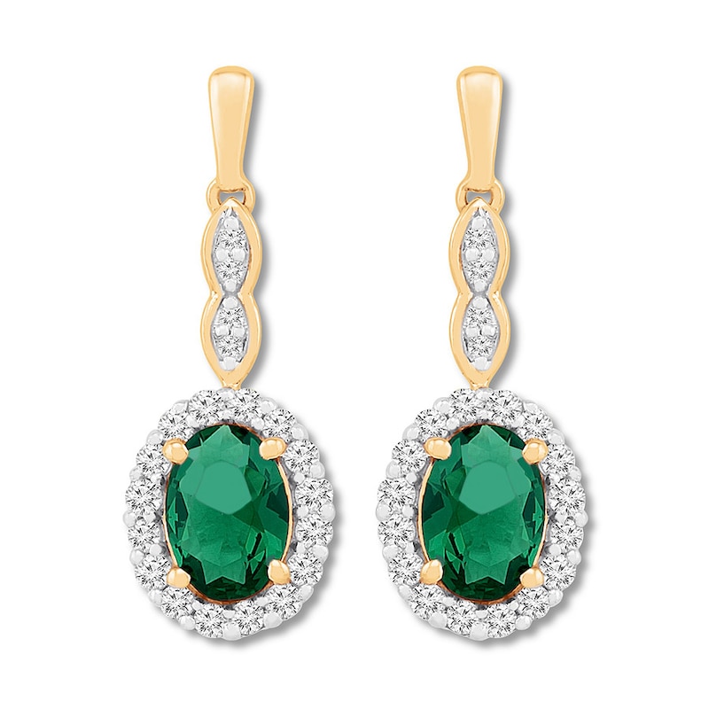 Main Image 1 of Lab-Created Emerald Drop Earrings 10K Yellow Gold