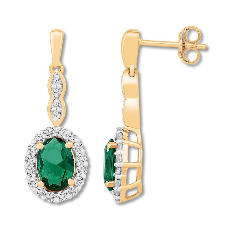 Main Image 2 of Lab-Created Emerald Drop Earrings 10K Yellow Gold