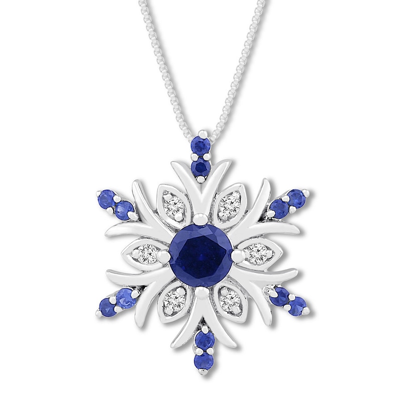 Main Image 1 of Lab-Created Sapphire/Diamond Snowflake Necklace Sterling Silver