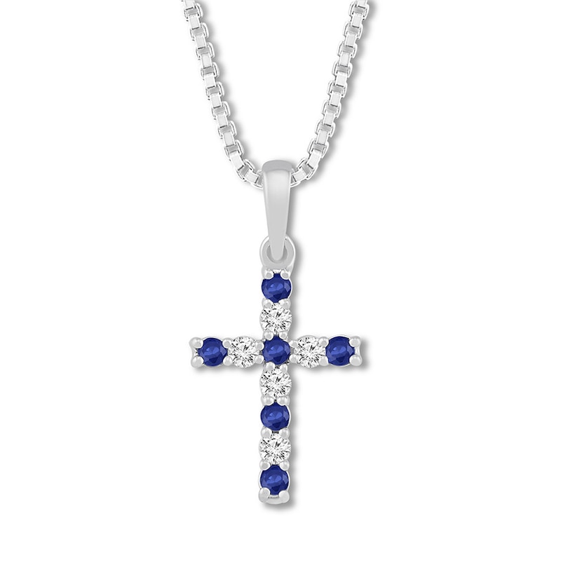 Main Image 1 of Blue/White Lab-Created Sapphire Cross Necklace Sterling Silver