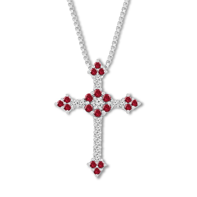 Main Image 1 of Lab-Created Ruby Cross Necklace Sterling Silver