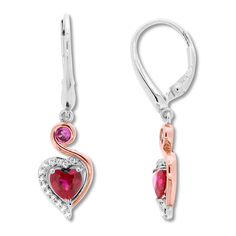 Main Image 1 of Lab-Created Ruby Earrings 1/8 cttw Diamonds St. Silver/10K Gold