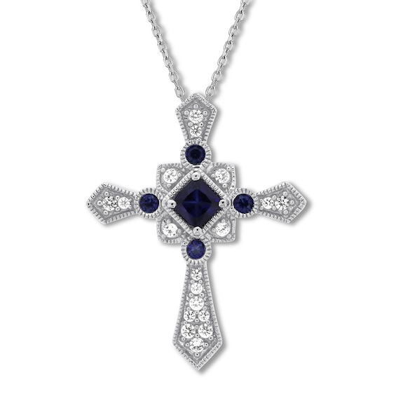 Cross Necklace Lab-Created Sapphires Sterling Silver