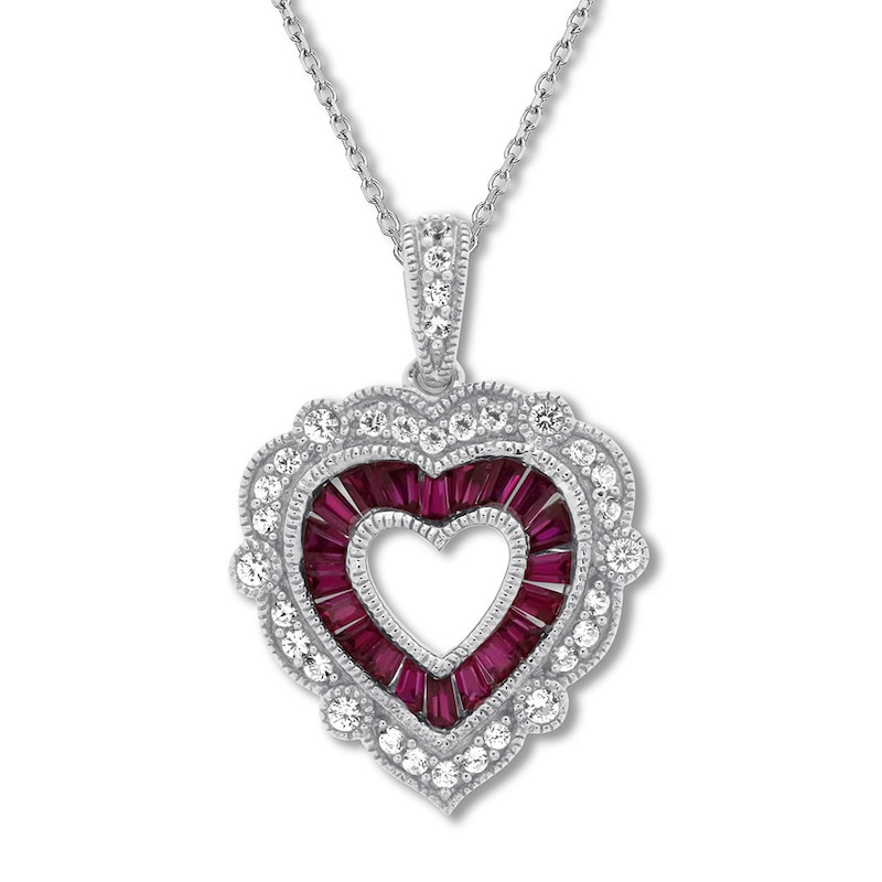 Main Image 1 of Heart Necklace Lab-Created Rubies Sterling Silver