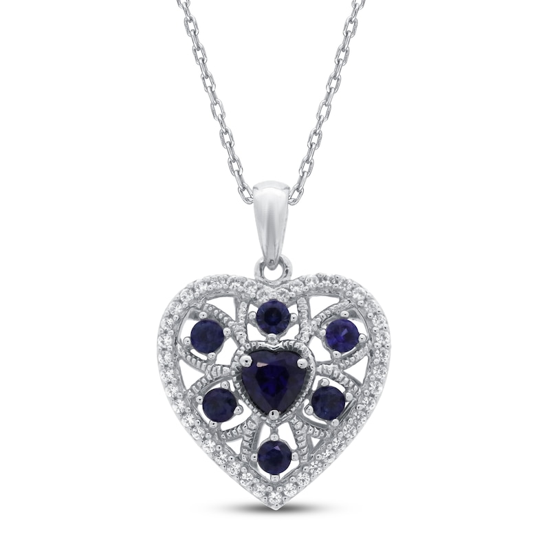Blue and White Lab-Created Sapphire Heart Necklace Sterling Silver 18"