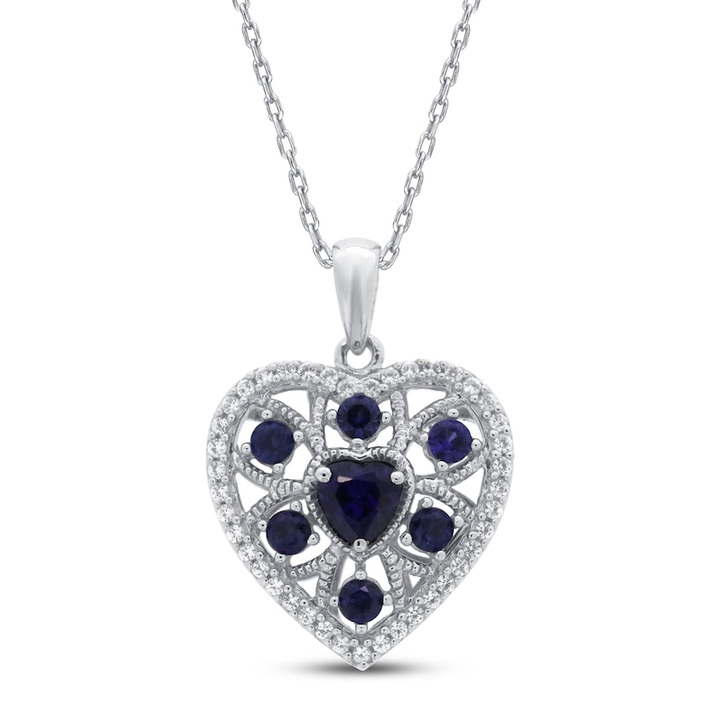 Main Image 1 of Blue and White Lab-Created Sapphire Heart Necklace Sterling Silver 18&quot;
