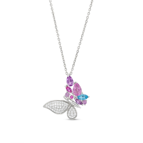 Created Blue Opal & White Sapphire Butterfly Pendant in Sterling Silver 