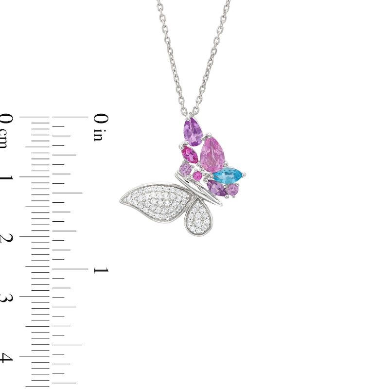 Main Image 3 of Blue Topaz, Amethyst, Lab-Created Pink Sapphire & Lab-Created White Sapphire Butterfly Necklace Sterling Silver 18&quot;