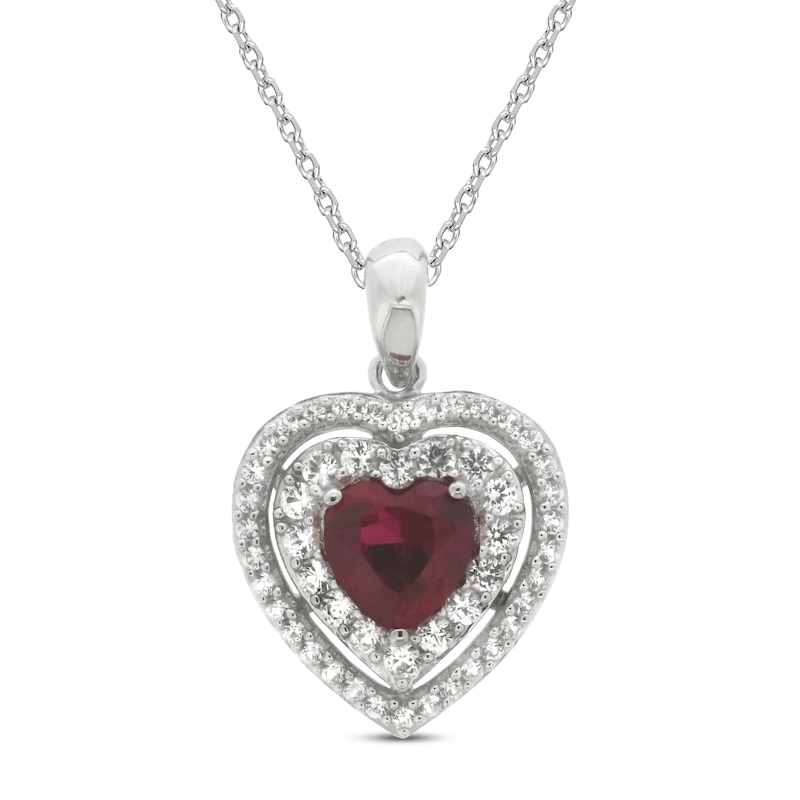 Lab-Created Ruby & Lab-Created White Sapphire Heart Necklace Sterling Silver 18"