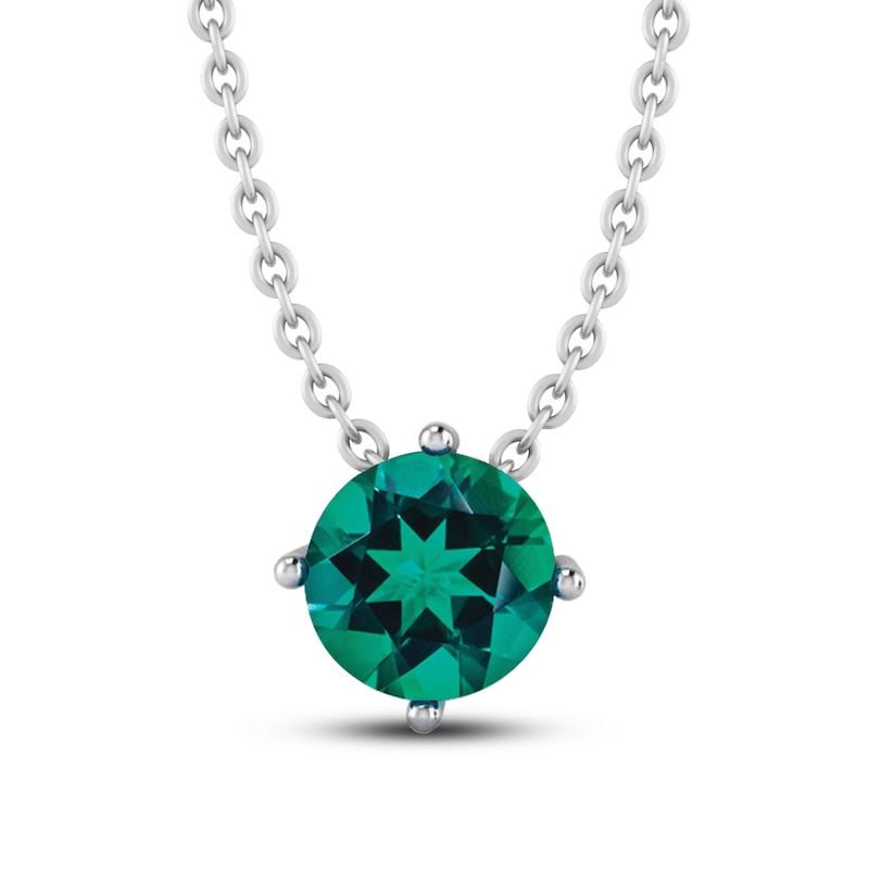 Main Image 1 of Lab-Created Emerald Solitaire Necklace Round-cut Sterling Silver 18&quot;