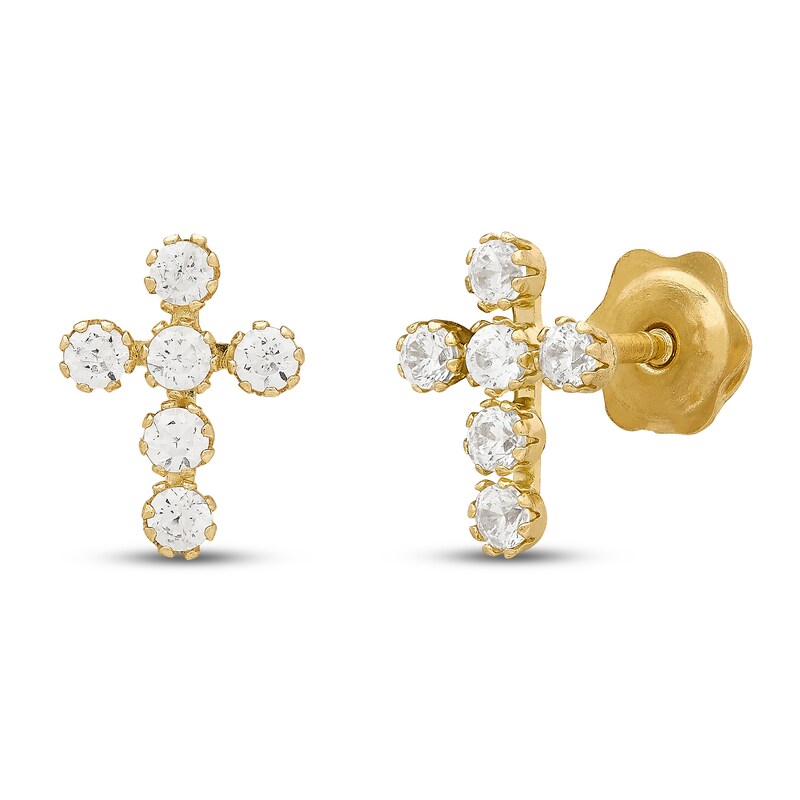Main Image 1 of Children's White Lab-Created Sapphire Cross Earrings 14K Yellow Gold