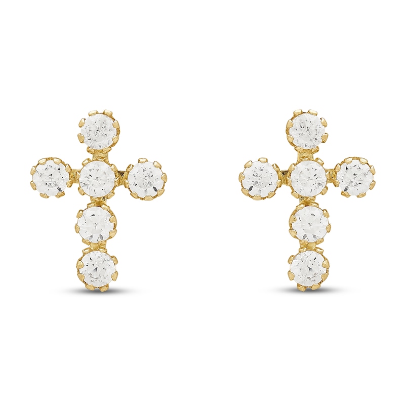 Main Image 3 of Children's White Lab-Created Sapphire Cross Earrings 14K Yellow Gold