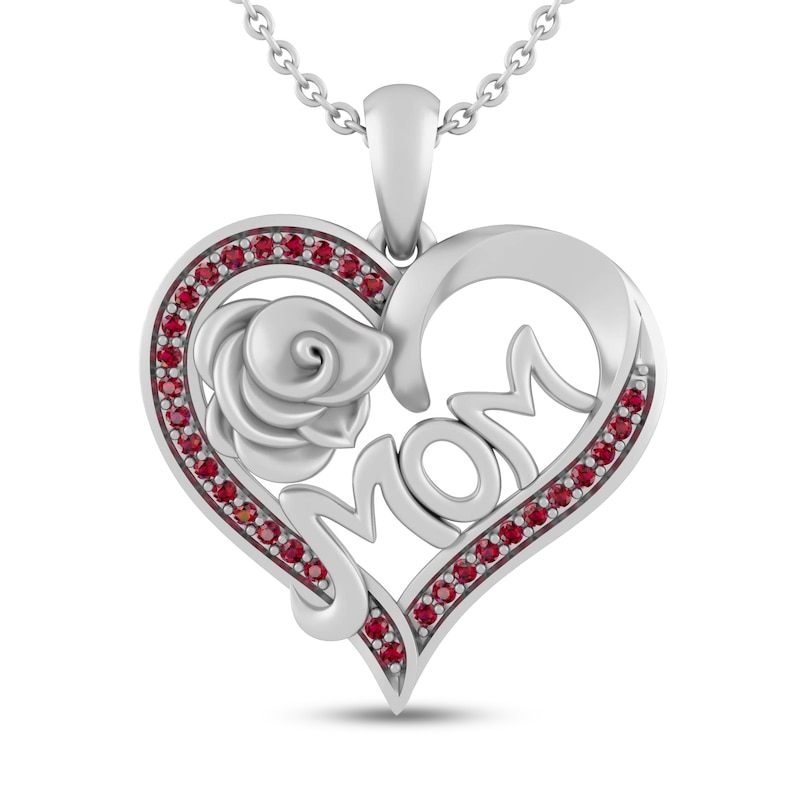 Main Image 1 of Lab-Created Ruby MOM Heart Necklace Sterling Silver 18&quot;