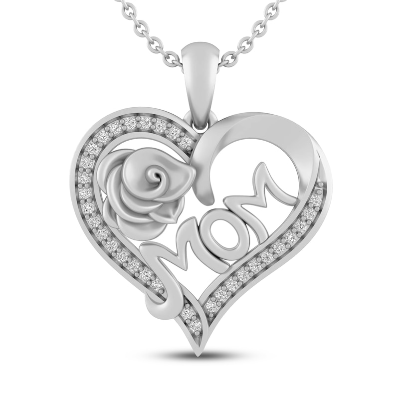 White Lab-Created Sapphire MOM Heart Necklace Sterling Silver 18"