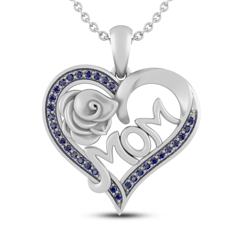 Main Image 1 of Blue Lab-Created Sapphire MOM Heart Necklace Sterling Silver 18&quot;