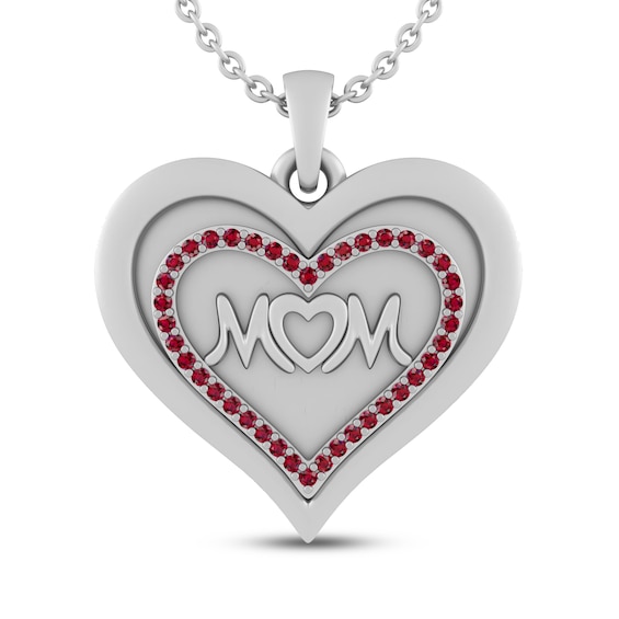 Lab-Created Ruby MOM Heart Necklace Sterling Silver 18"