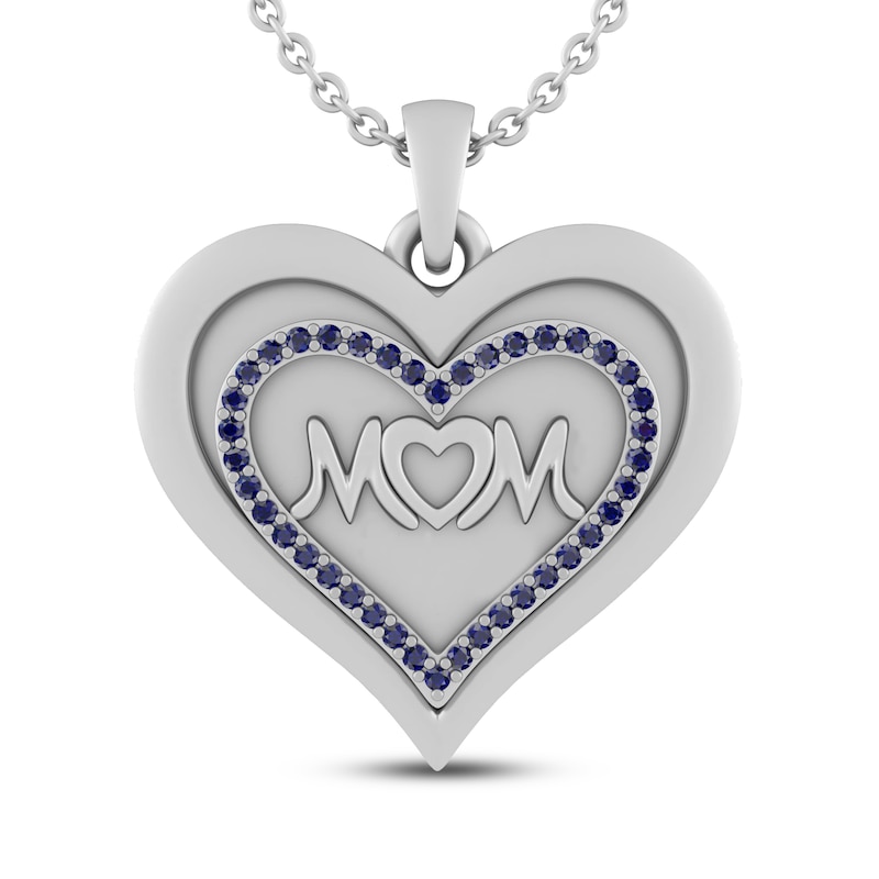 Main Image 1 of Blue Lab-Created Sapphire MOM Heart Necklace Sterling Silver 18&quot;