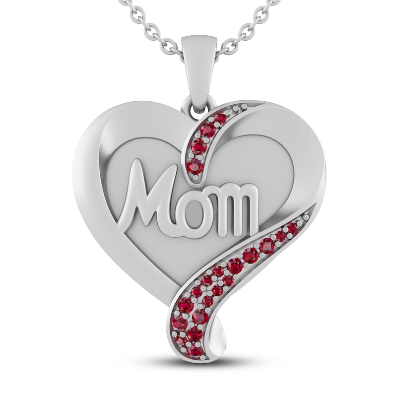 Lab-Created Ruby MOM Heart Necklace Sterling Silver 18"