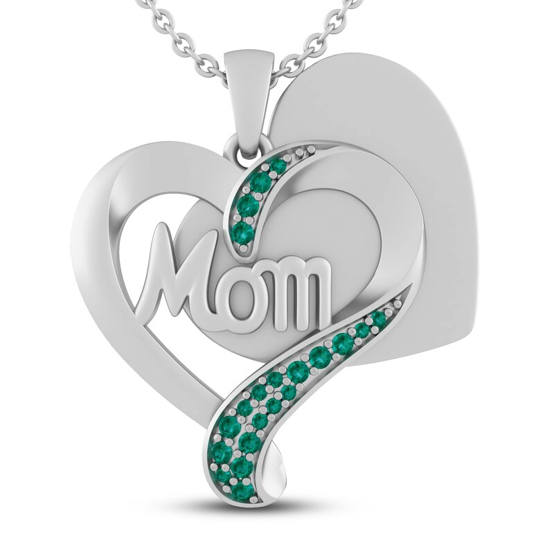 Lab-Created Emerald MOM Heart Necklace Sterling Silver 18"