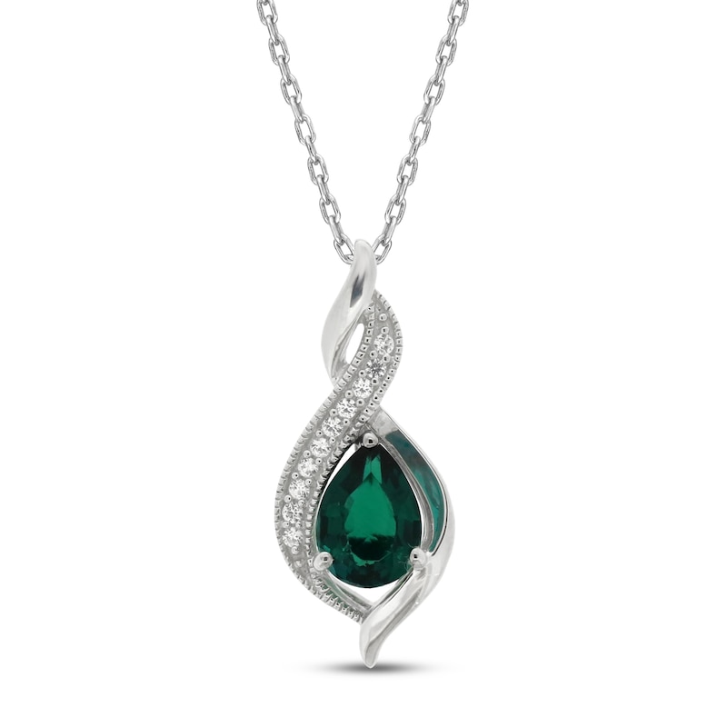 Main Image 1 of Lab-Created Emerald & White Lab-Created Sapphire Necklace Sterling Silver 18"