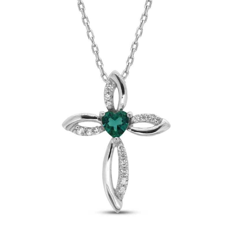 Main Image 1 of Lab-Created Emerald & White Lab-Created Sapphire Cross Necklace Sterling Silver 18"