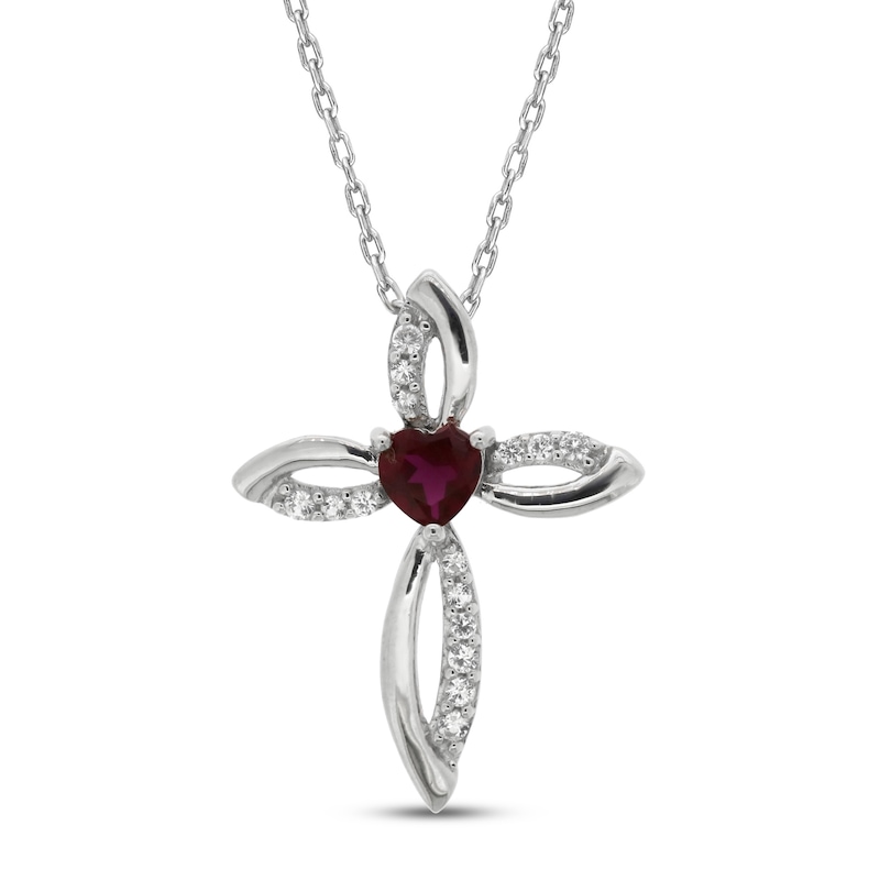 Main Image 1 of Lab-Created Ruby & White Lab-Created Sapphire Cross Necklace Sterling Silver 18&quot;