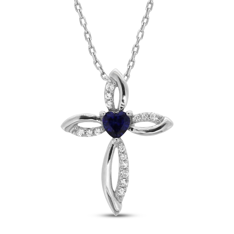 Blue & White Lab-Created Sapphire Cross Necklace Sterling Silver 18"