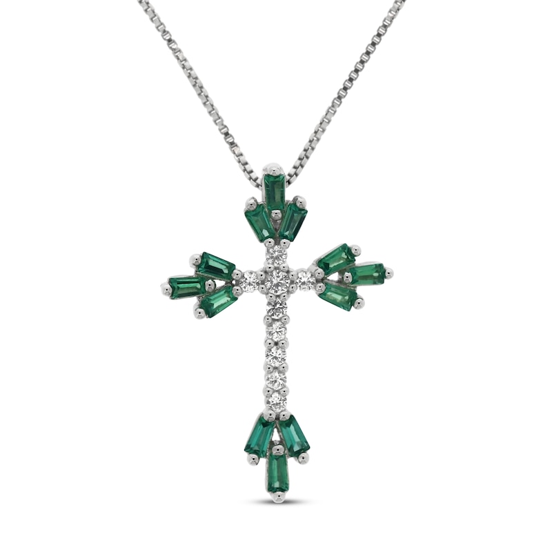 Main Image 1 of Lab-Created Emerald & White Lab-Created Sapphire Cross Necklace Sterling Silver 18&quot;