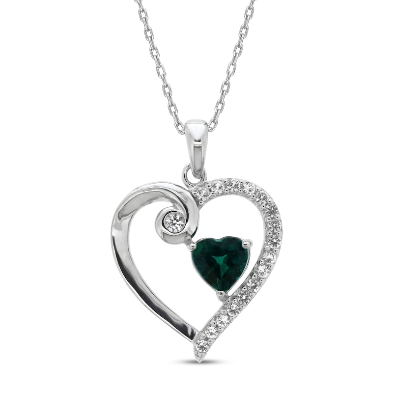 Lab-Created Emerald & White Lab-Created Sapphire Heart Necklace Sterling Silver 18"