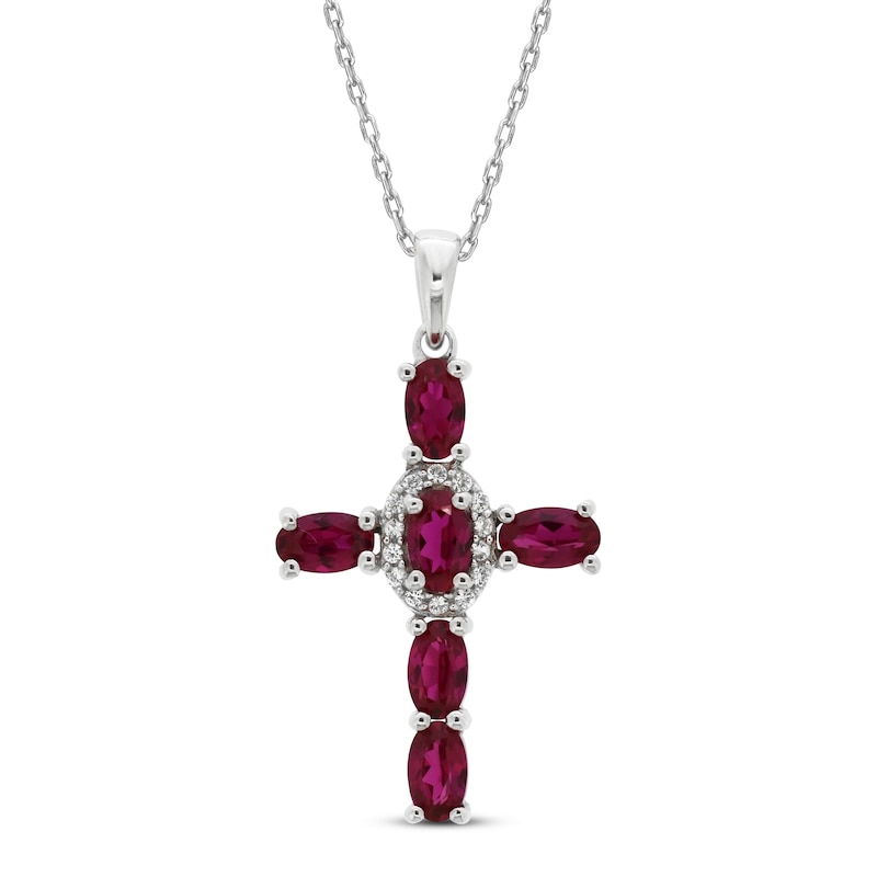 Main Image 1 of Lab-Created Ruby & White Lab-Created Sapphire Cross Necklace Sterling Silver 18&quot;