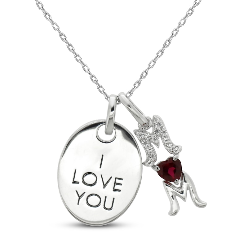 Main Image 1 of Lab-Created Ruby & White Lab-Created Sapphire 'I Love You Mom' Necklace Sterling Silver 18&quot;