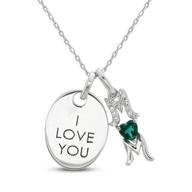 Main Image 1 of Lab-Created Emerald & White Lab-Created Sapphire 'I Love You Mom' Necklace Sterling Silver 18&quot;