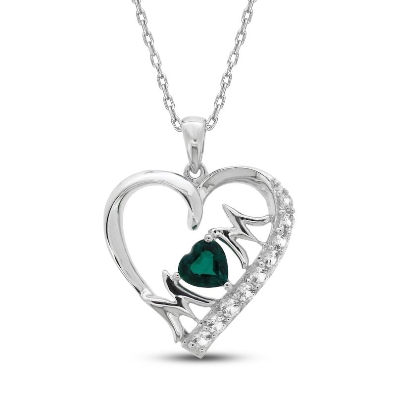 Lab-Created Emerald & White Lab-Created Sapphire 'Mom' Heart Necklace Sterling Silver 18"
