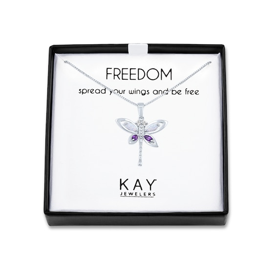 Lab-Created Opal/Amethyst/White Lab-Created Sapphire Dragonfly Necklace Sterling Silver 18"