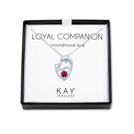 Lab-Created Ruby/White Lab-Created Sapphire Dolphins Necklace Sterling Silver 18"