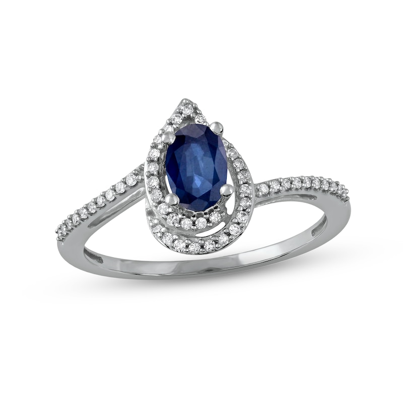White gold finish Pear cut blue sapphire and  created diamond ring gift boxed